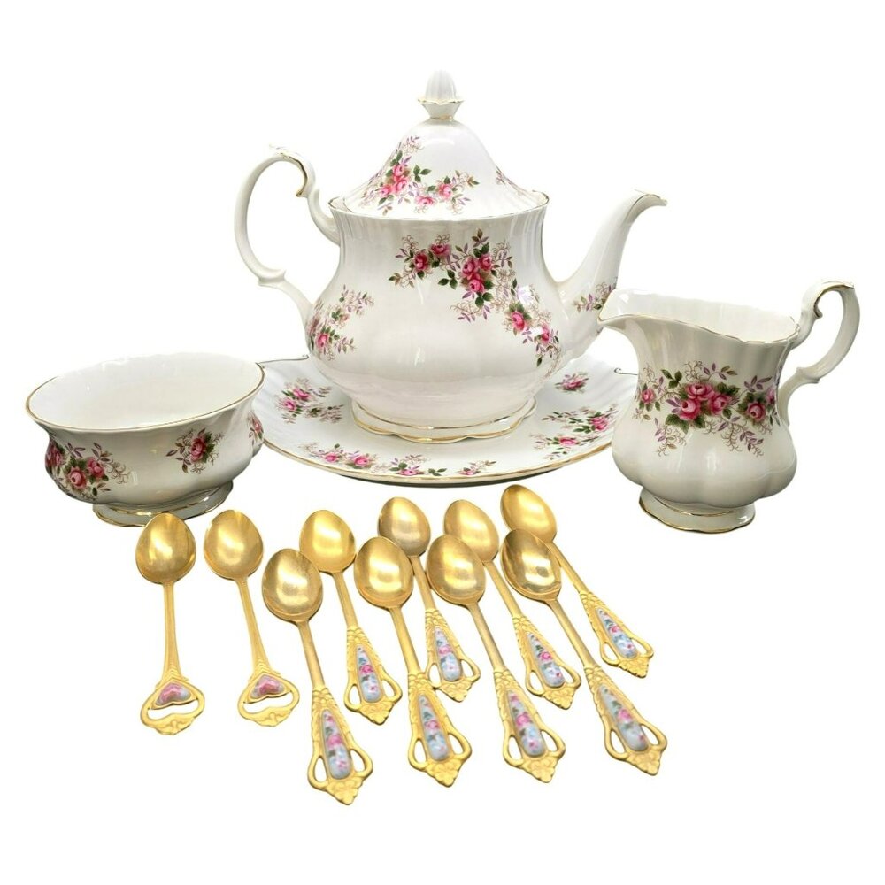 Vintage Royal Albert Tea Set Floral Lavender Rose Gold-Plated Spoons VL4021